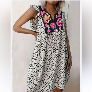 Kirunda Short Sleeve White/Black Polka Dots Floral Embroidered‎ Dress.Size XL